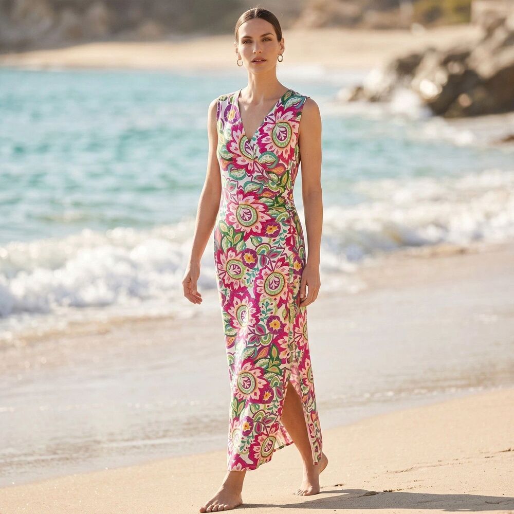 Soft Surroundings Malee Maxi Dress Medium Pink Floral Resort Dopamine Dressing